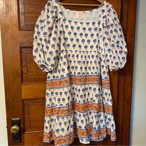 Victoria Dunn Dress L Cottagecore Boho Cotton Square Neck Floral Tiered Knee